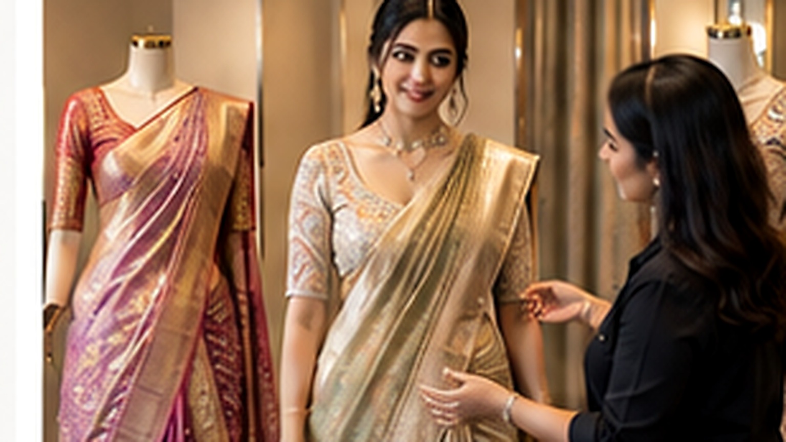 Bride comparing a saree and a lehenga during a styling trial