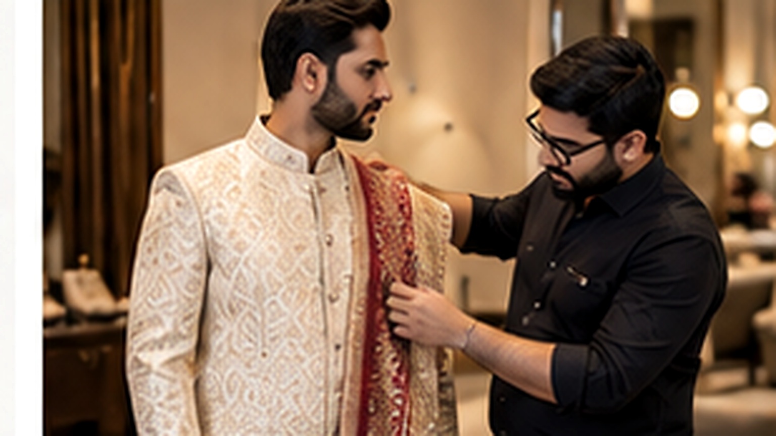 Groom and stylist comparing sherwani options and accessories
