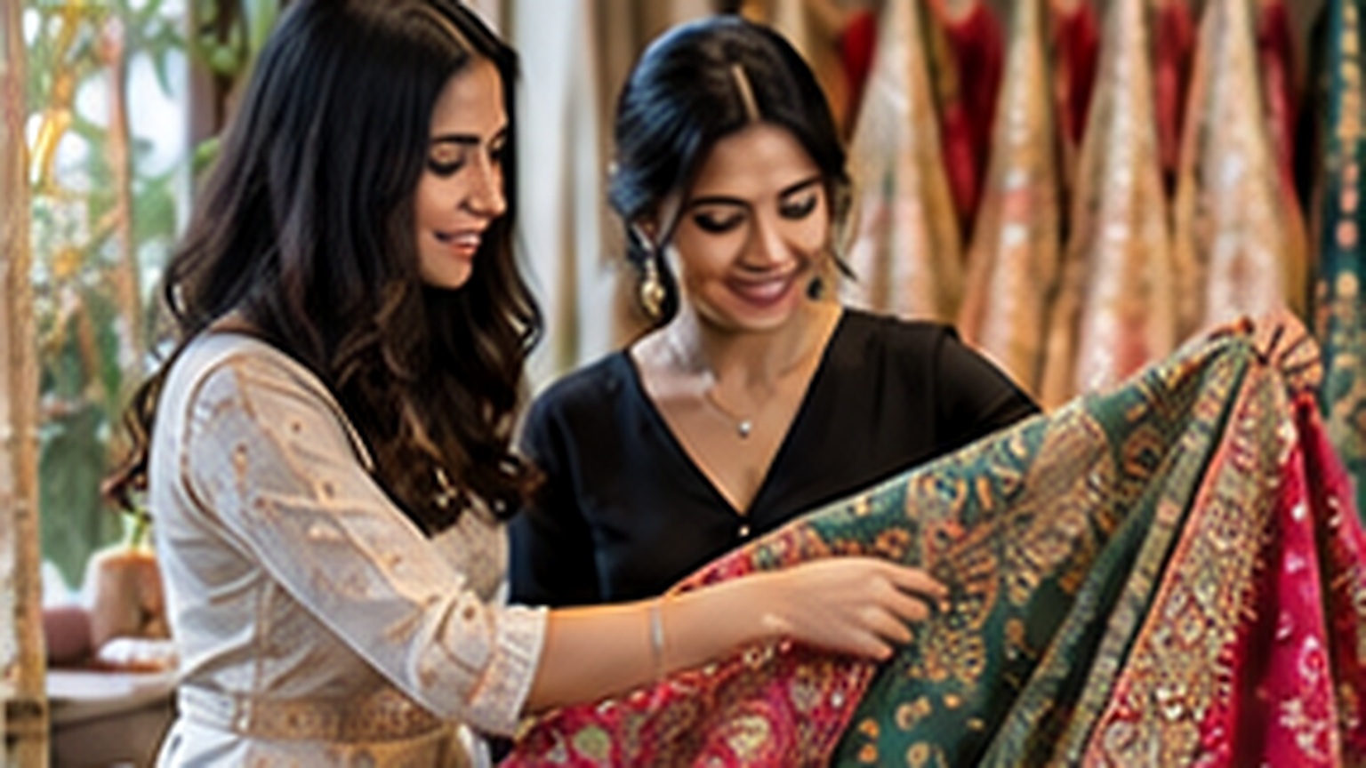 Stylist showing a bride lehenga fabrics in different colour families