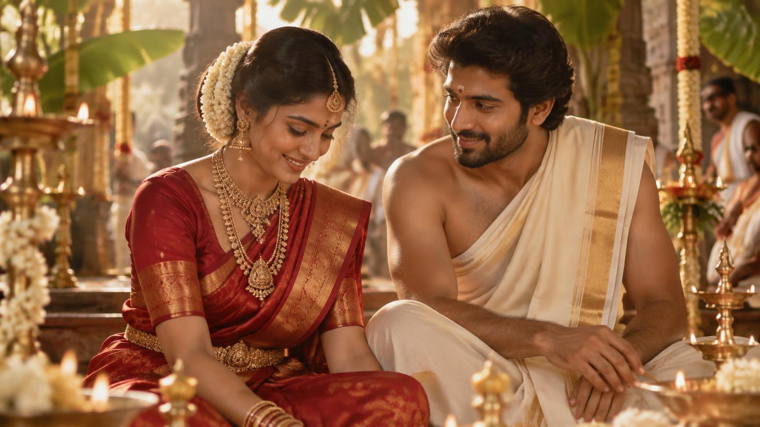 South Indian bride in a Kanjivaram silk saree with temple jewellery and groom in veshti