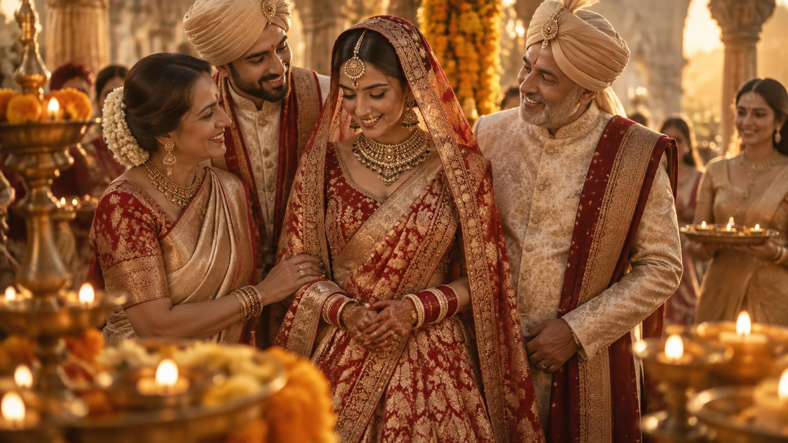 Bride in a red Banarasi lehenga with family during a Hindu wedding ceremony