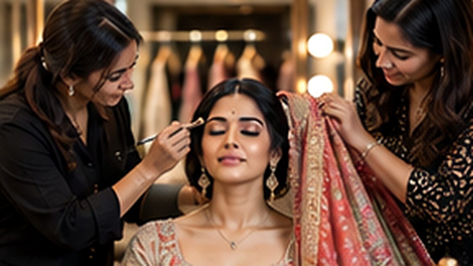 Bride, stylist and makeup artist coordinating a bridal look together