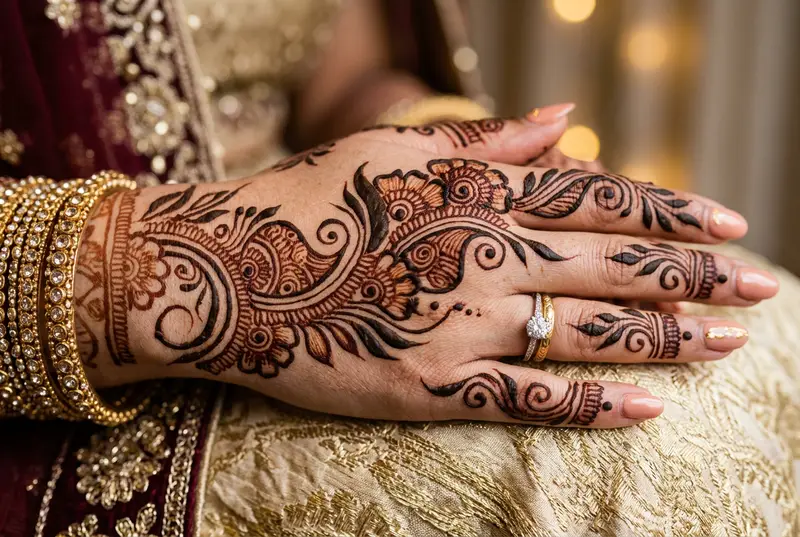Elegant Arabic mehendi with flowing vine and leaf patterns on back of hand