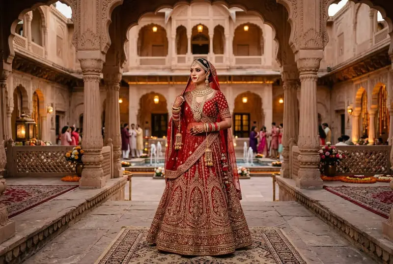 Bride in a bold deep red velvet lehenga at a heritage palace wedding