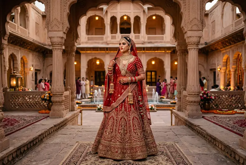 Bride in a bold deep red velvet lehenga at a heritage palace wedding