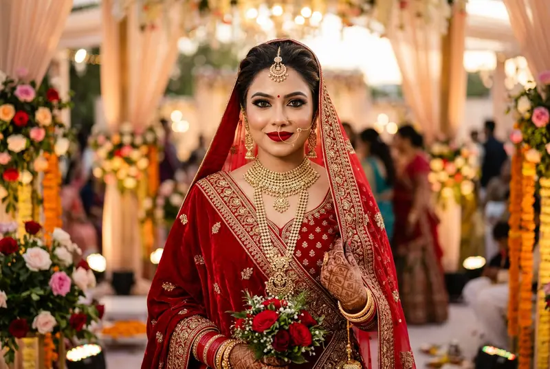 Indian bride with bold red lips matching her red lehenga