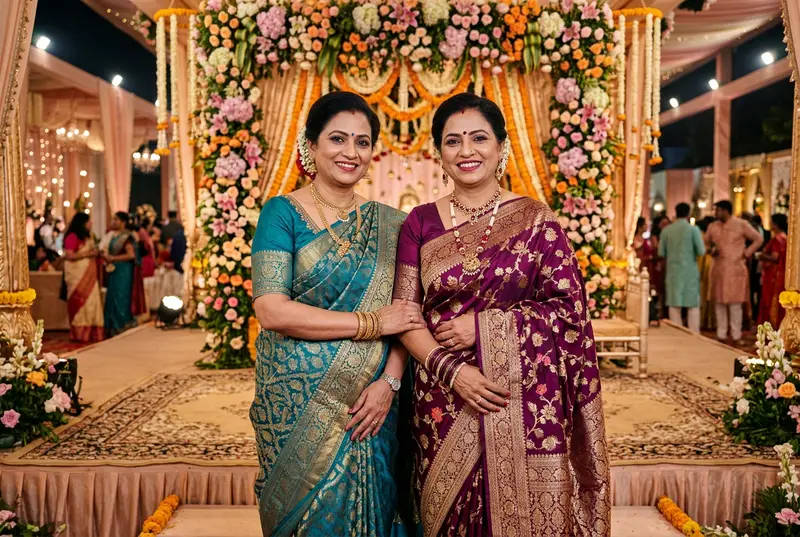 Mother of the bride and mother in law in coordinated outfits