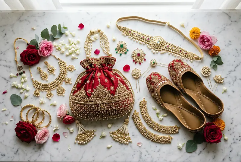 Complete collection of Indian bridal accessories arranged on silk fabric