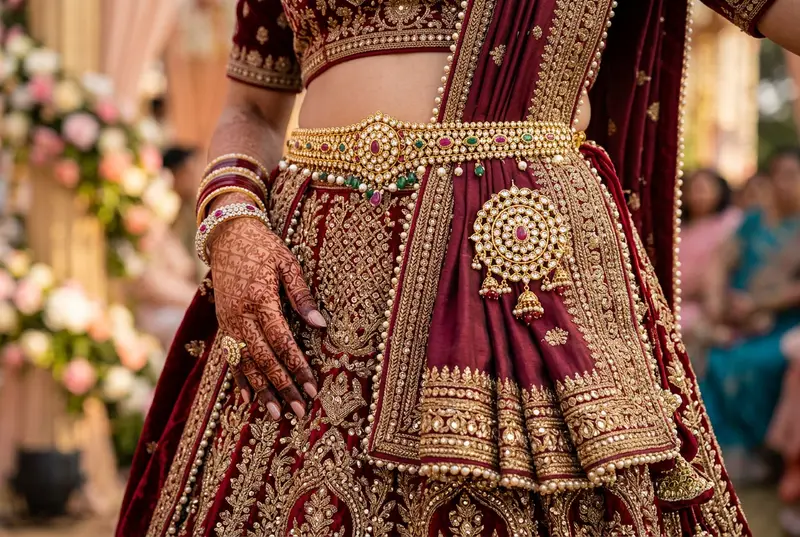 Indian bride wearing ornate bridal belt with statement dupatta brooch