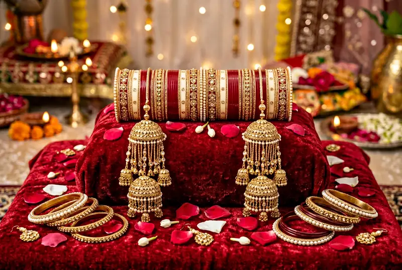 Bridal chooda and bangles display at a wedding jewelry store