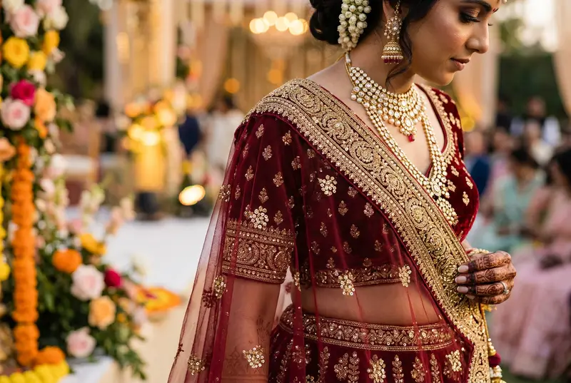 Close-up of heavy bridal dupatta draping over a lehenga