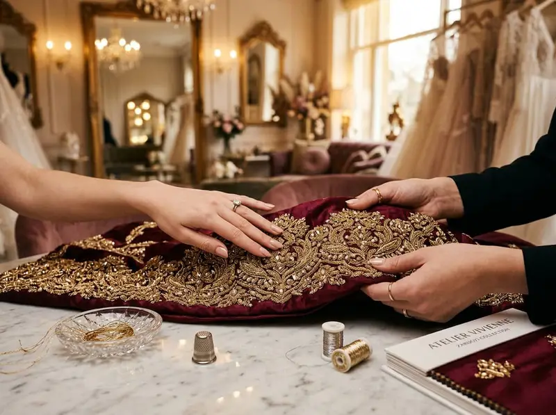 Bridal fabric and embroidery selection with stylist guidance