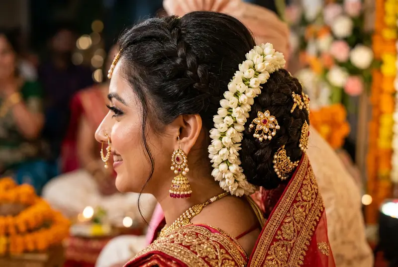 Indian bride's hair accessories with fresh flowers and pearl pins