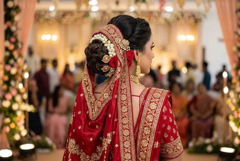 Indian bride hairstyle with dupatta pinned over styled bun