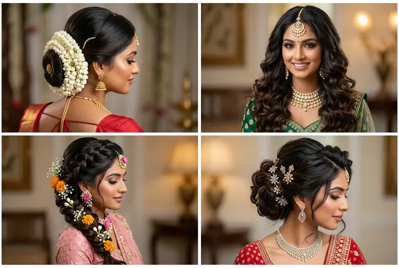Different bridal hairstyle options shown in a grid
