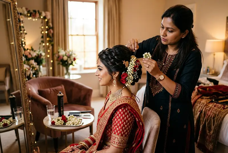 Professional hairstylist working on bridal bun hairstyle