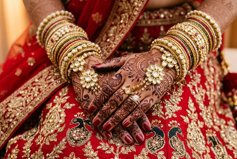 Close-up of Indian bridal hands with bangles, rings, and mehendi