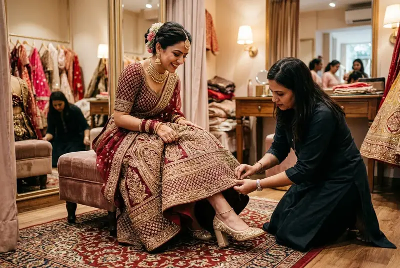 Gold block heel sandals paired with red bridal lehenga and payal