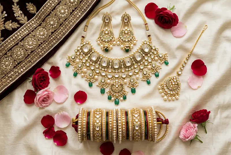 Beautiful Indian bride wearing stunning polki kundan jewelry with a red lehenga