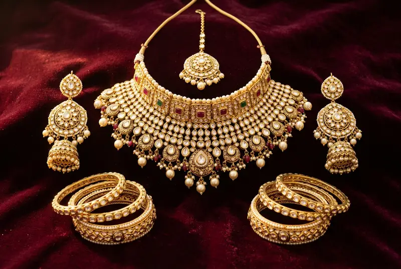 Elegant bridal kundan jewelry set displayed on velvet tray — necklace, earrings, and bangles