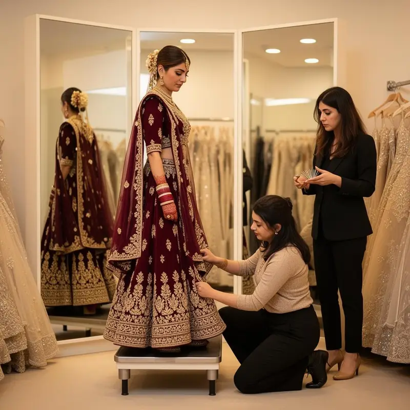 Bride on a fitting platform with a tailor adjusting her maroon lehenga hemline while a stylist oversees