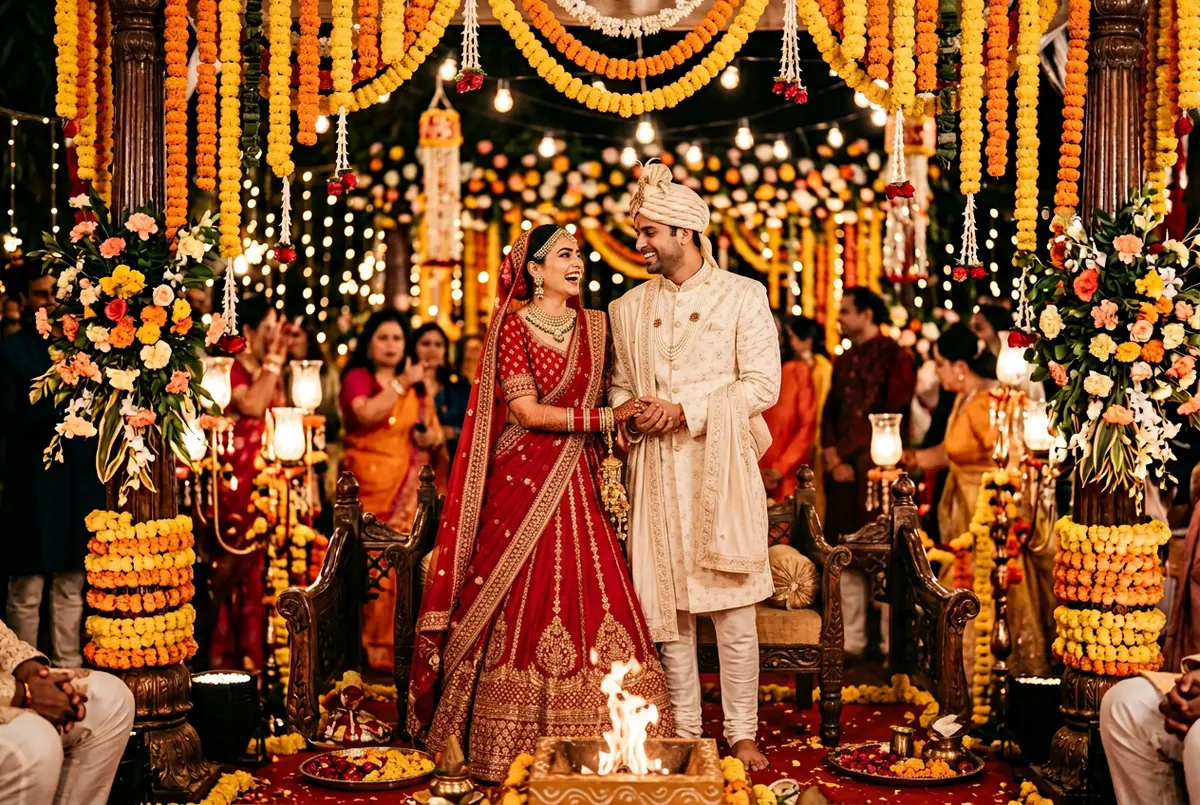 Indian bridal lehenga and groom sherwani coordination