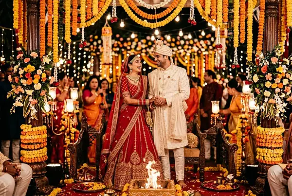 Indian bride and groom in traditional red lehenga and ivory sherwani with gold embroidery