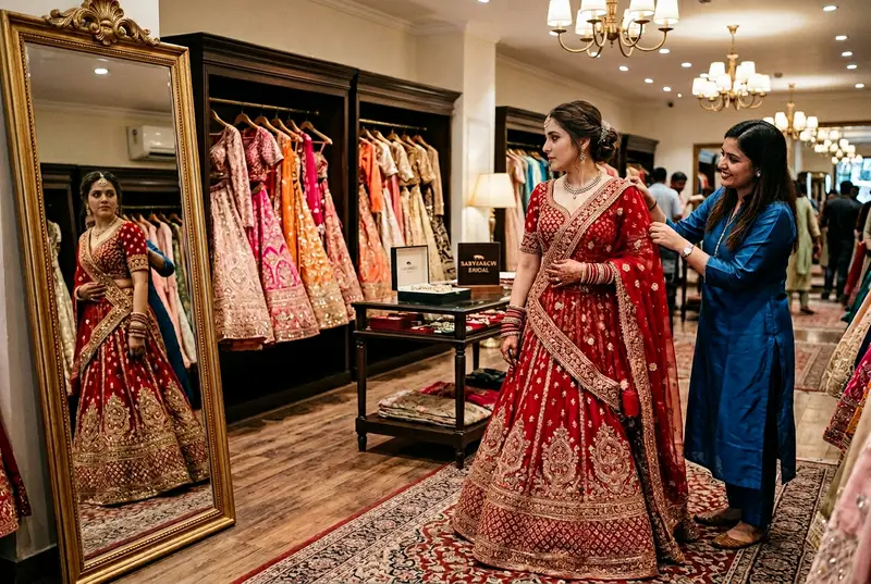 Bride at a bridal lehenga shopping session with stylist