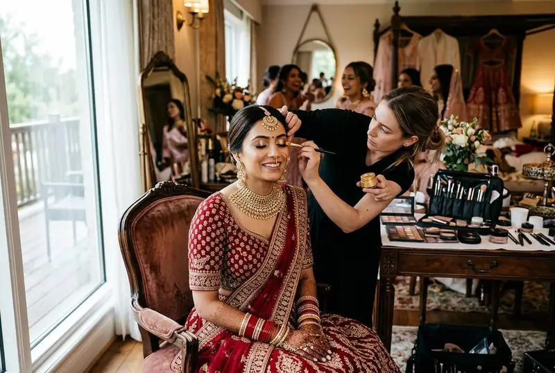 Indian bridal makeup artist applying makeup to a bride in lehenga