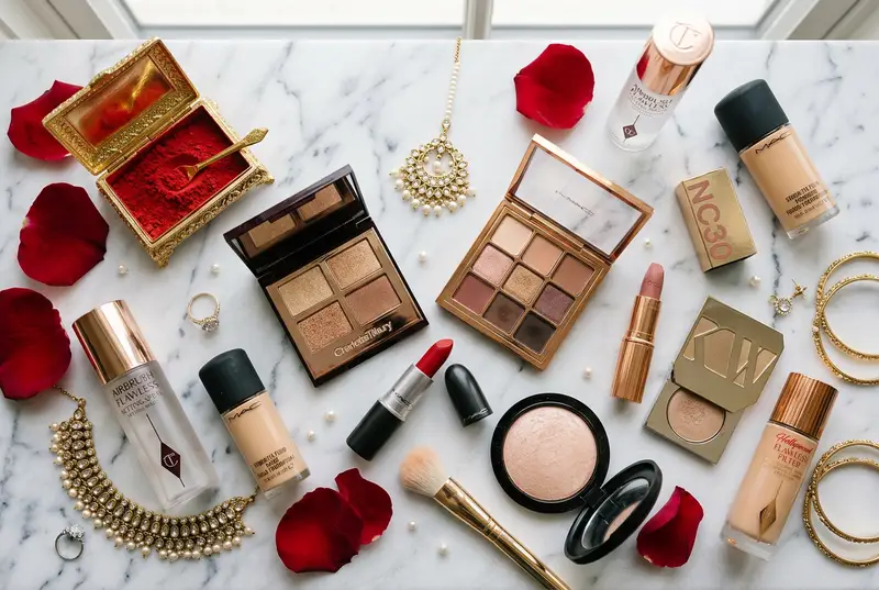 Bridal makeup products arranged beautifully on marble surface