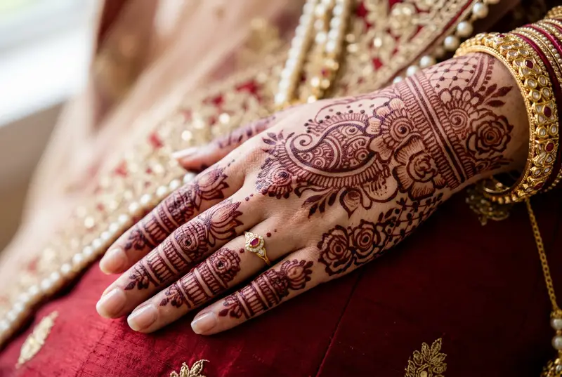 Traditional bridal mehendi with paisley and mandala patterns on both palms