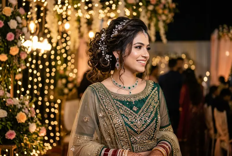 Indian bride with messy textured updo for reception
