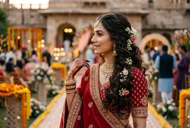 Indian bride with open hair curls and maang tikka