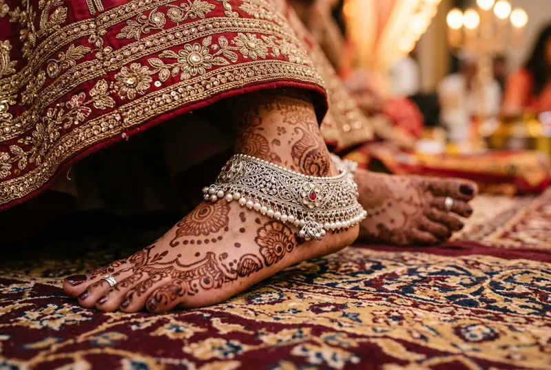 Indian bride wearing ornate gold payals with mehendi decorated feet