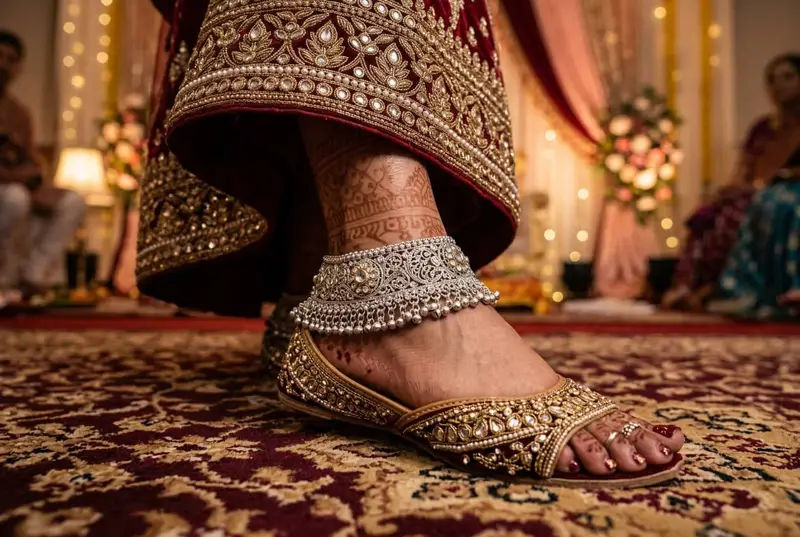 Bridal payal anklets coordinated with wedding footwear