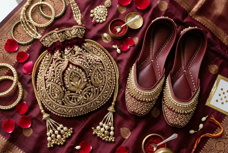 Beautiful bridal potli bag and embroidered juttis on gold silk