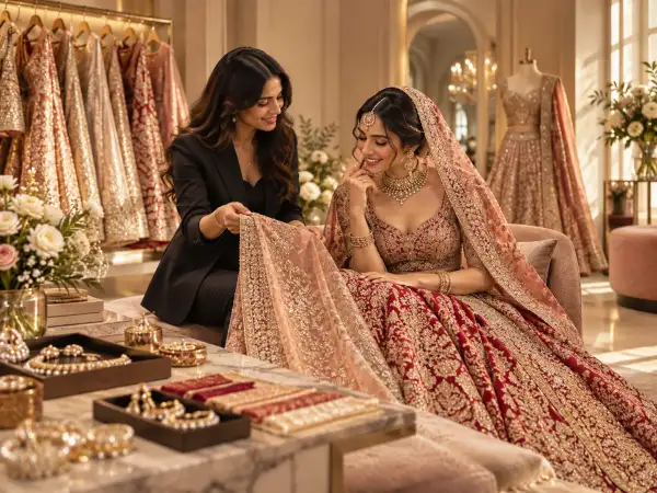 Bridal stylist helping an Indian bride compare lehenga fabric and jewellery in a bridal boutique