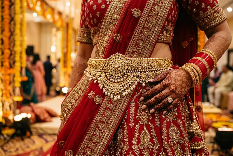 Ornate gold bridal waist belt kamarbandh on red fabric