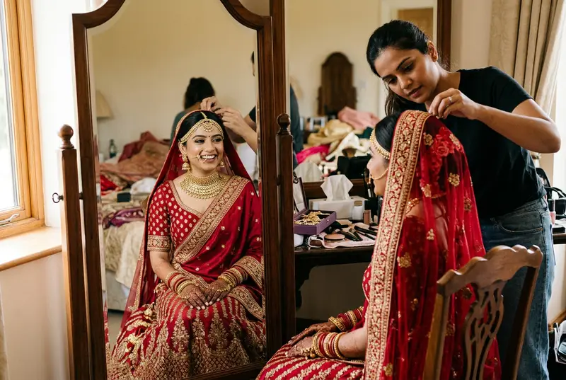 Bride getting ready for wedding ceremony in red bridal lehenga