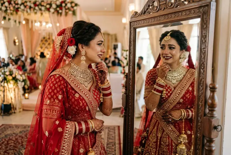 Bride's final reveal in dusty rose lehenga — complete styled look with jewelry and hair