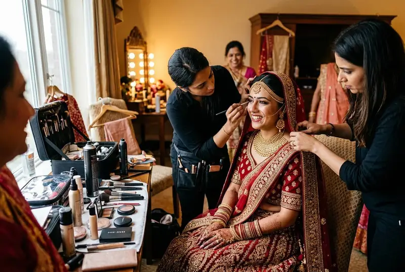 Stylist working with bride during getting-ready preparations