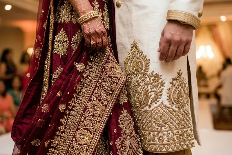 Bride and groom in coordinated outfits — matching gold embroidery on maroon and ivory fabrics