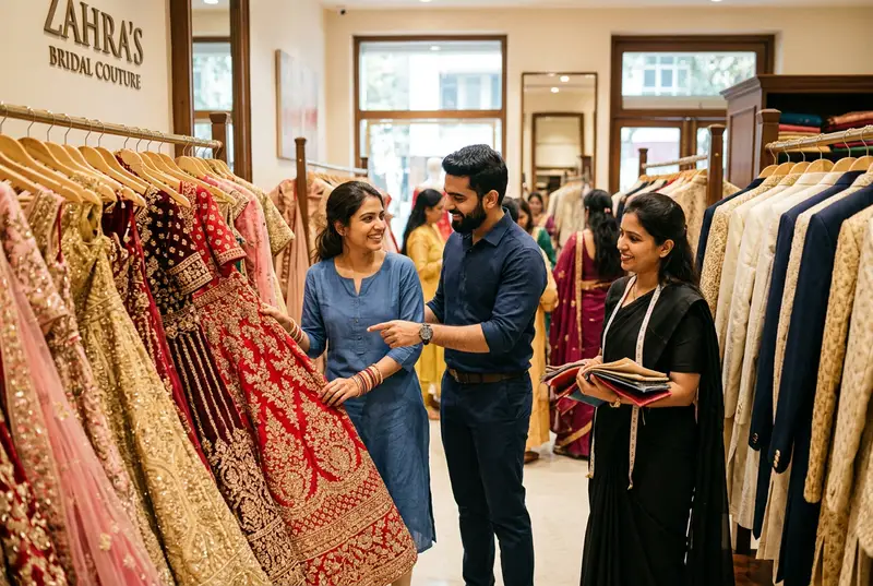 Bride and groom shopping together at bridal boutique — examining fabric swatches for coordinated outfits