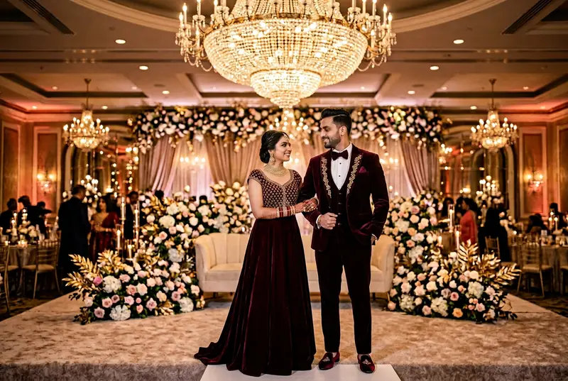 Bride and groom coordinated at reception — champagne gold gown with navy suit
