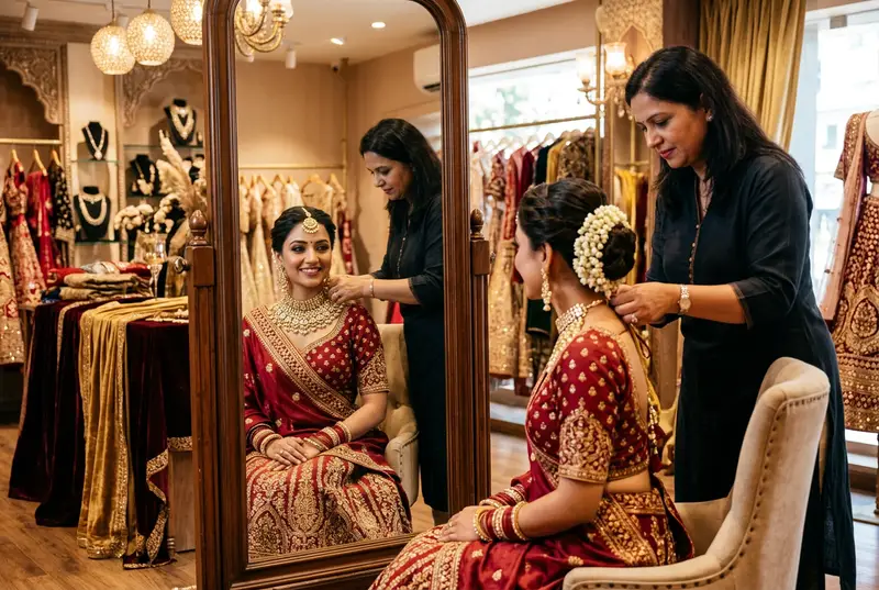Bride trying on bridal jewelry at a jewelry store, looking in mirror