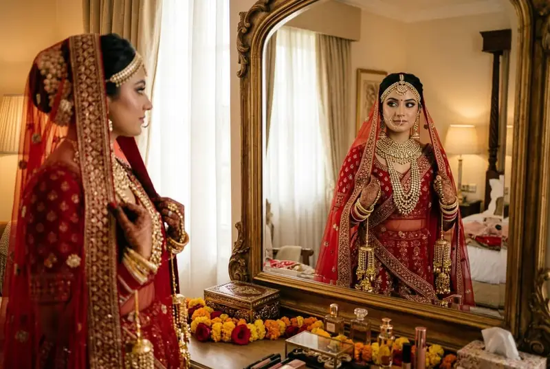 Bride looking at herself in mirror wearing complete bridal look