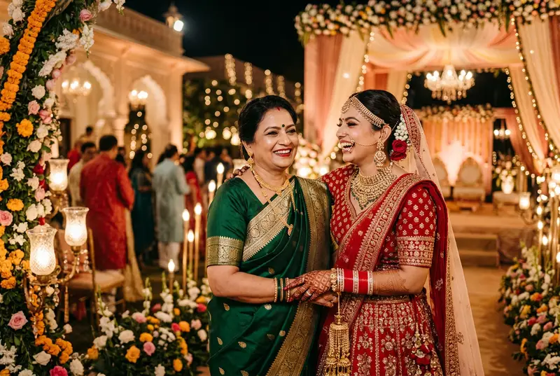 Indian bride and her mother in beautifully coordinated wedding outfits