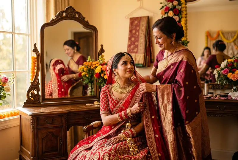 Indian bride and mother getting ready together before wedding