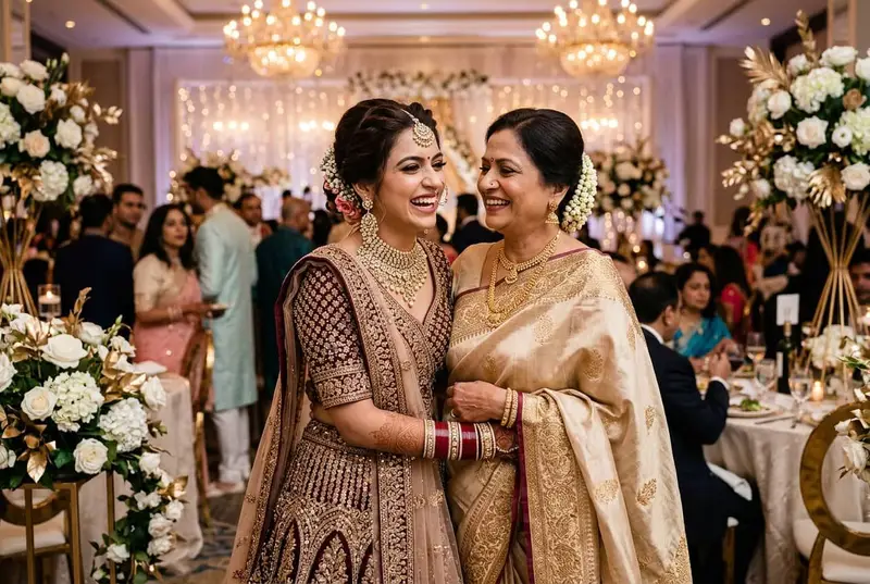 Bride and mother in law posing together at wedding reception