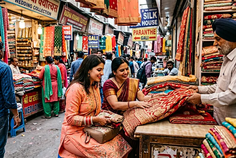 Bride and mother walking through a bustling bridal market in India